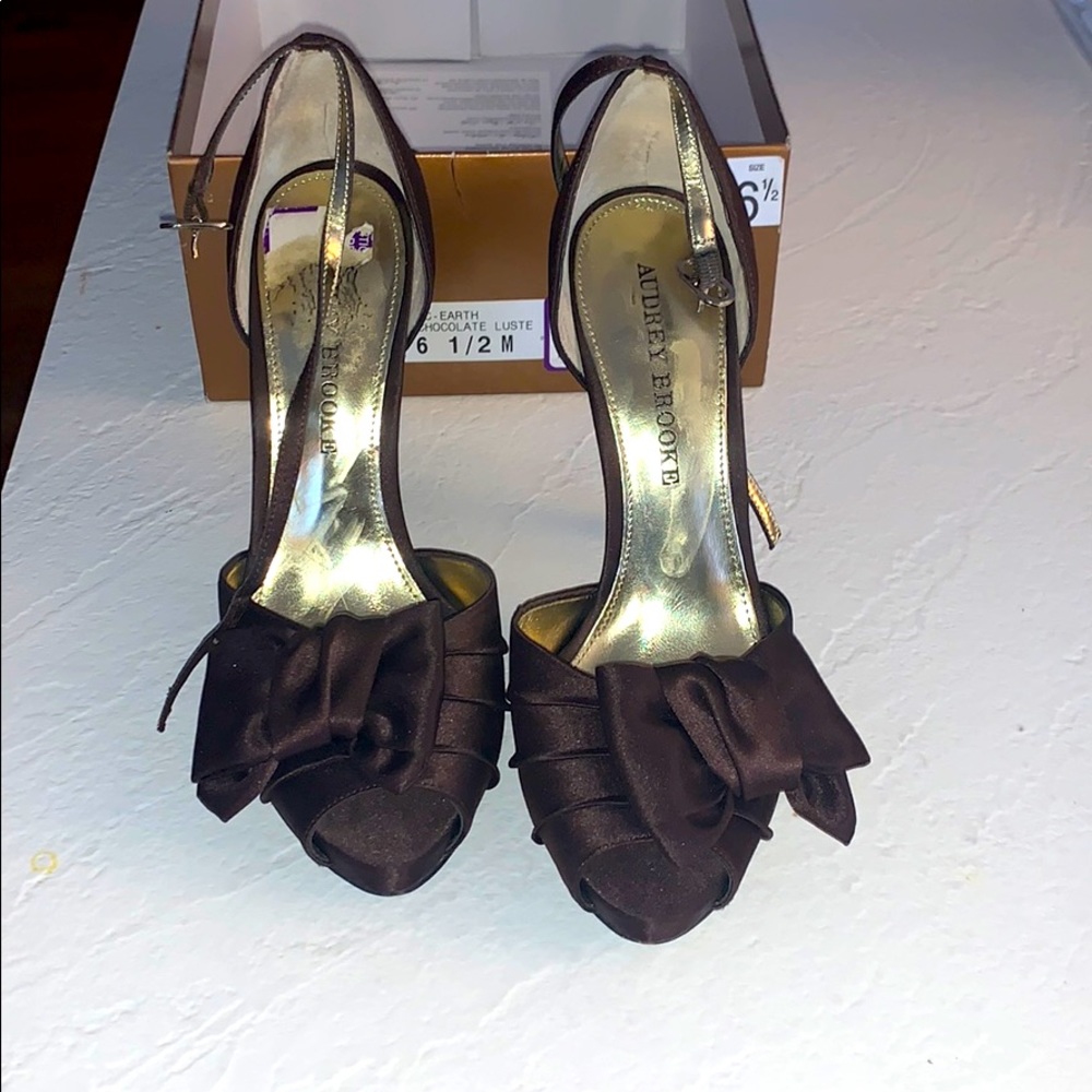 Brown Satin Peep Toe Bow Heels